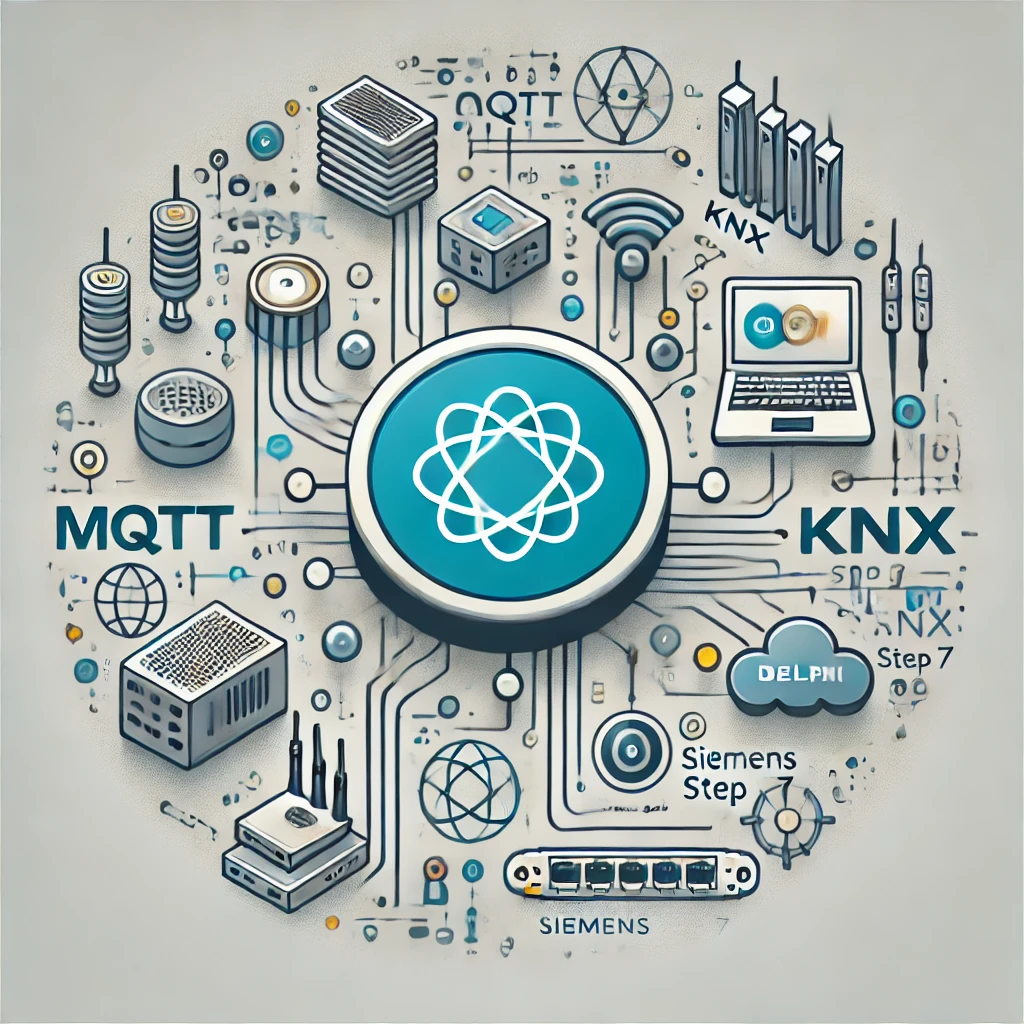 Abstract illustration of Delphi integrating industrial IoT protocols like MQTT, KNX, Siemens Step 7, and Fieldbus